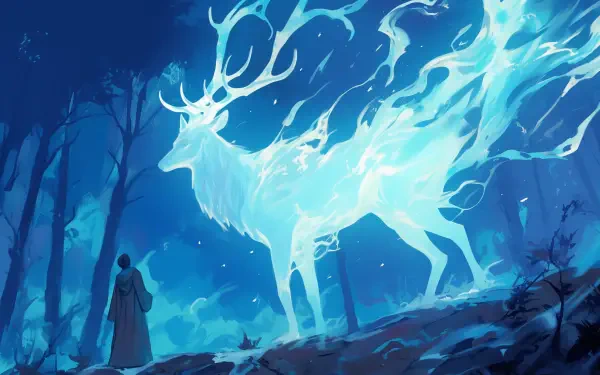 A blue anime-style wallpaper featuring Harry Potter's Patronus, a glowing stag, set against a mystical forest backdrop. Perfect for fans of the series.