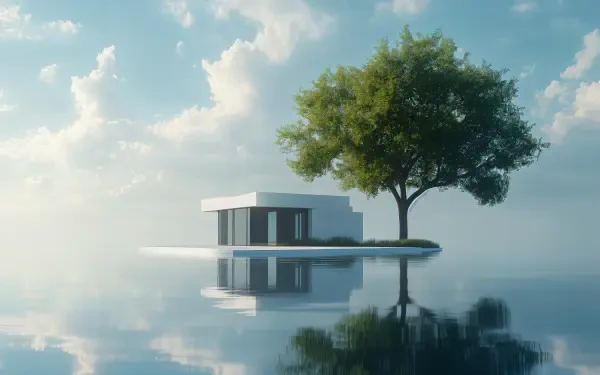 A serene modern structure beside a lush tree, reflected in calm waters under a clear blue sky, featured as a 4K Ultra HD desktop wallpaper and background.