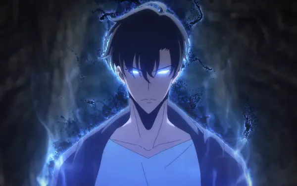 HD PC desktop wallpaper featuring Sung Jin-Woo from the anime Solo Leveling, glowing with dark energy in a dramatic, intense scene.