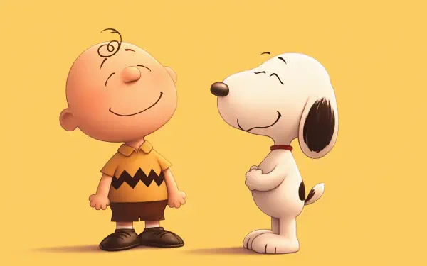 Charlie Brown and Snoopy share a joyful moment against a warm yellow background in this HD wallpaper from The Snoopy Show, radiating cuteness and nostalgia.