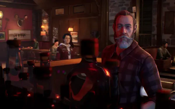 A scene from the video game Life Is Strange, featuring a character with a beard at a bar, surrounded by warm lighting and other patrons in a cozy atmosphere.