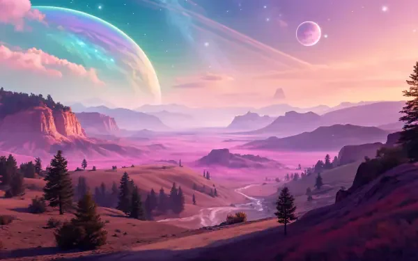 A stunning panorama featuring vibrant colors and celestial elements, showcasing a dreamlike landscape with mountains, trees, and a distant planet. This 4K Ultra HD wallpaper captivates the imagination.