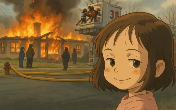 A humorous Studio Ghibli-inspired meme featuring a girl smiling in the foreground, while firefighters tackle a burning house in the background. HD desktop wallpaper quality.