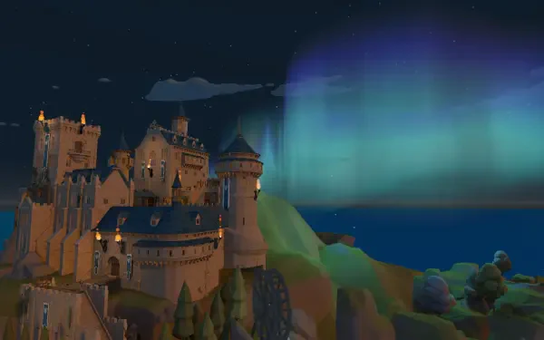 A stunning HD desktop wallpaper featuring a magical castle in the fictional land of Nordhold, illuminated by a colorful aurora against a night sky.