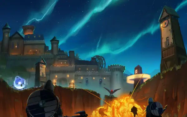 A vibrant HD wallpaper from the video game Nordhold, featuring a medieval castle under a starry sky, with mystical lights and characters engaged in action.