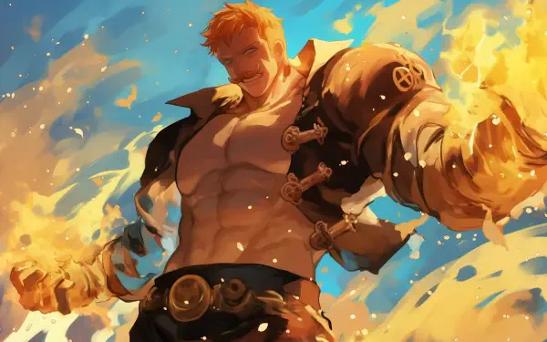 An HD desktop wallpaper featuring Escanor from The Seven Deadly Sins, showcasing his powerful presence with flames and a dynamic background.
