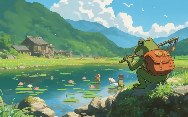 A serene anime scene featuring Keroppi, inspired by Studio Ghibli and Sanrio, showcases a frog playing a flute by a tranquil river surrounded by lush mountains and blooming lilies.