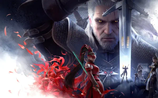 A striking 4K Ultra HD wallpaper featuring Geralt of Rivia from Naraka: Bladepoint, showcasing intense action and dramatic visuals with vibrant colors and dynamic characters.