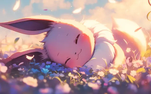 Anime-style HD desktop wallpaper featuring Eevee from Pokémon peacefully resting among vibrant flowers in a softly lit outdoor setting.