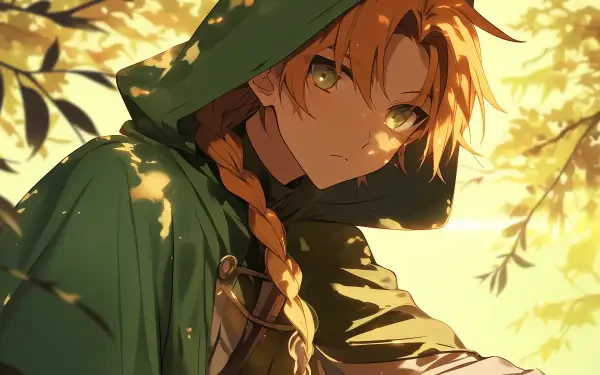 Rudeus Greyrat from Mushoku Tensei: Jobless Reincarnation is depicted in an HD anime wallpaper, showcasing his braided hair and contemplative expression in a natural setting.