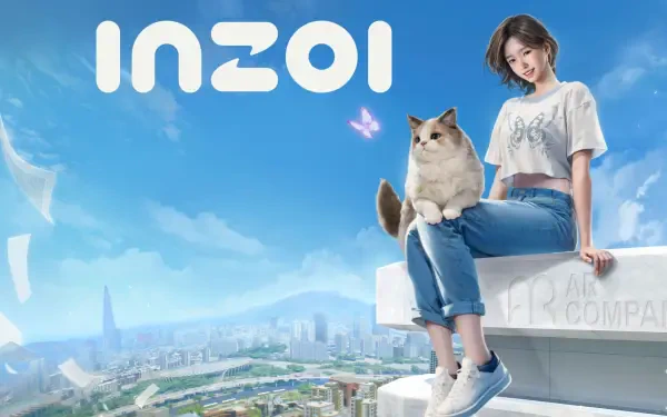 A vibrant HD wallpaper featuring a girl and a cat against a blue sky, with the word inZOI prominently displayed, capturing a whimsical and playful atmosphere in a video game setting.