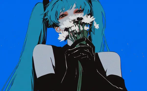 A vibrant HD wallpaper featuring Hatsune Miku, an iconic blue-haired anime character, holding white flowers against a bold blue background. Perfect for any video game enthusiast.