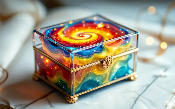 A vibrant music box featuring a swirling, colorful design with embedded lights, set against a soft, blurred background. This 4K Ultra HD wallpaper adds a whimsical touch to any desktop.