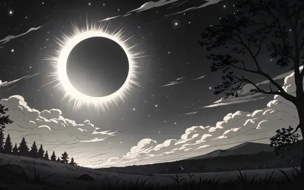 A stunning solar eclipse illustrated in 4K Ultra HD, featuring a darkened sun surrounded by bright corona, set against a dramatic sky and silhouetted trees. Ideal for a desktop background.