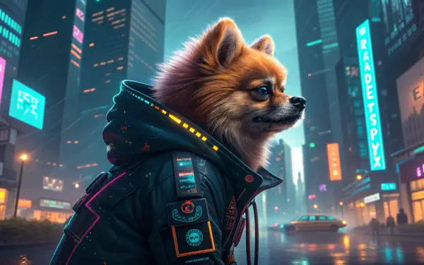 A stylish Pomeranian in a futuristic jacket stands against a vibrant city skyline, creating a captivating 4K Ultra HD desktop wallpaper.