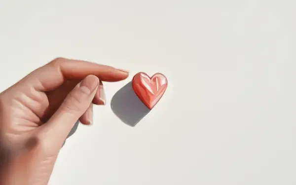 A minimalist artistic image featuring a hand gently touching a red heart on a clean white background, creating a serene and emotive desktop wallpaper.