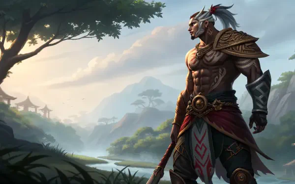A striking 4K Ultra HD PC desktop wallpaper features a powerful warrior standing in a serene landscape, with mountains and a river under a soft, dramatic sky.
