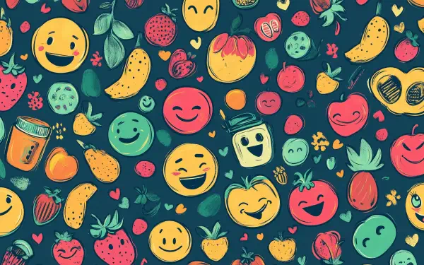 A vibrant HD desktop wallpaper featuring a playful preppy pattern of smiling fruits, emojis, and whimsical elements against a dark background. Perfect for adding a cheerful touch to your screen.