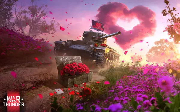 A vibrant 4K Ultra HD wallpaper showcasing a tank from War Thunder, adorned with flowers and surrounded by a heart-shaped cloud of petals in a picturesque landscape.