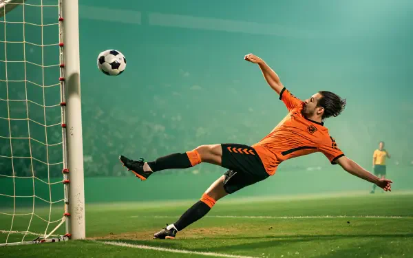 A dynamic moment captures a soccer player in an orange jersey diving to save a goal, set against a dramatic stadium backdrop. A stunning 4K Ultra HD PC desktop wallpaper.