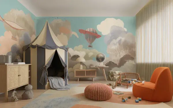 A vibrant kids' room featuring whimsical wall murals, a tent, cozy furniture, and playful toys, captured in stunning 4K Ultra HD.