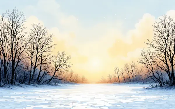 A serene winter sunrise paints the sky with warm hues, illuminating a snowy landscape and bare trees, creating a tranquil 4K Ultra HD desktop wallpaper.