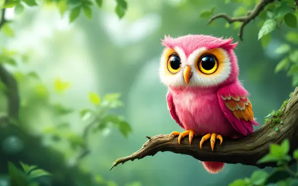 A vibrant pink owlet perched on a branch, surrounded by lush greenery, creating a charming and enchanting atmosphere, perfect as a 4K Ultra HD desktop wallpaper.