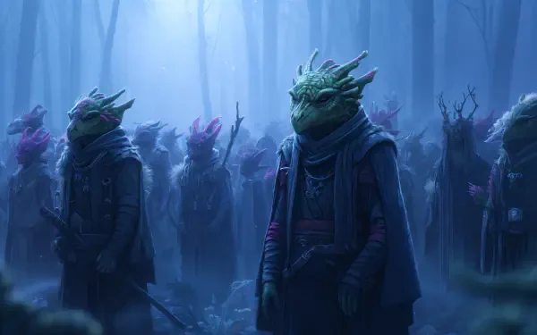 A mystical gathering of fantasy characters featuring reptilian figures in cloaks, set in a foggy forest, showcasing intricate details in vibrant 4K Ultra HD quality.
