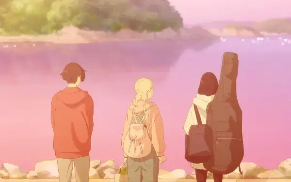 An HD anime wallpaper titled The Colors Within, featuring three characters facing a serene pink-hued lake, surrounded by lush greenery, evoking a sense of tranquility and connection.