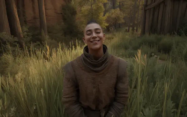 A smiling NPC in a lush forest setting, captured in stunning 4K Ultra HD. Surrounded by tall grass and trees, the character exudes warmth and charm.