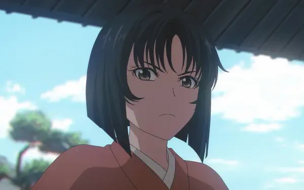 A character from the anime Kijin Gentōshō gazes intently, set against a bright sky. This HD image serves as a striking desktop wallpaper and background.