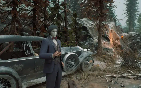 A character in formal attire stands next to a vintage car in a misty forest, evoking the eerie atmosphere of the video game Stygian: Outer Gods. HD PC desktop wallpaper.