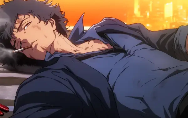 A HD desktop wallpaper featuring Spike Spiegel from the anime Cowboy Bebop, portraying a laid-back anime boy against a vibrant sunset backdrop.