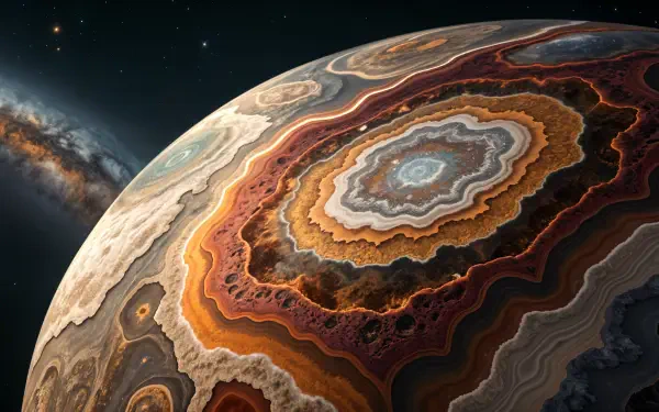 A stunning 4K Ultra HD desktop wallpaper showcasing a vibrant, layered planet with intricate patterns and rich colors, set against a backdrop of deep space filled with stars.