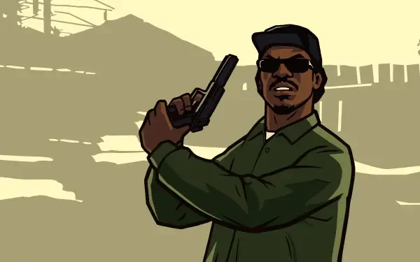 A gangster character from Grand Theft Auto: San Andreas, holding a pistol and dressed in green, set against an urban backdrop. This image serves as a 4K Ultra HD wallpaper.