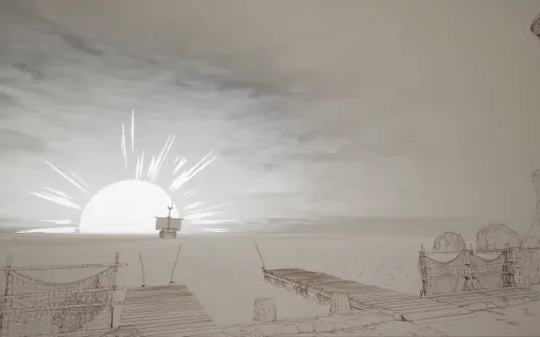 4K Ultra HD cartoon-style wallpaper from the video game Split Fiction, featuring a minimalist pier scene with a glowing sun on the horizon.