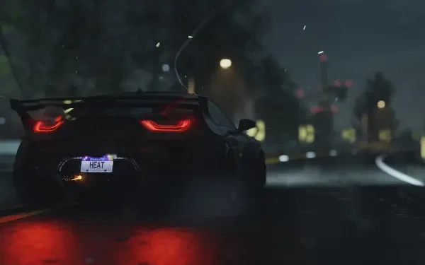 A sleek, high-definition wallpaper featuring a modified car on a rain-soaked street, capturing the thrilling essence of Need For Speed in a vibrant, atmospheric setting.