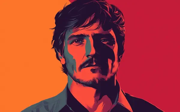 A minimalist HD desktop wallpaper featuring a stylized portrait of Pedro Pascal, showcasing bold colors and striking contrasts against a vibrant background.