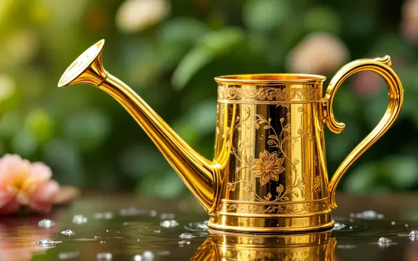 A gold watering can sits on a reflective surface, adorned with floral patterns, surrounded by lush greenery. This vibrant image is a stunning 4K Ultra HD desktop wallpaper.