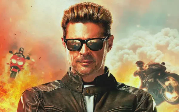A dynamic 4K Ultra HD wallpaper featuring a character from Mortal Kombat 2 (2025), set against a backdrop of explosions and motorcycles. The character exudes a cool, confident energy.