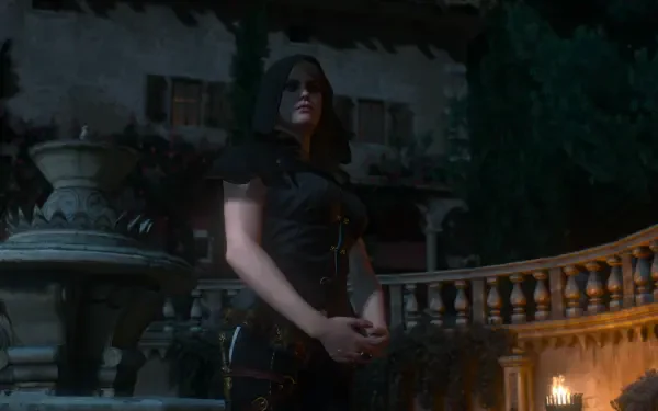 A stunning HD wallpaper featuring Anna Henrietta from The Witcher 3: Wild Hunt - Blood and Wine, standing confidently in a dimly lit, elegant outdoor setting.