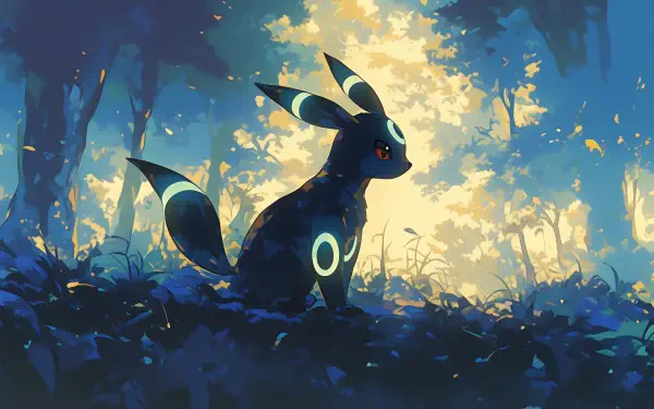 A serene HD desktop wallpaper featuring Umbreon, the Dark-type Pokémon, poised in a tranquil forest setting with glowing rings and vivid colors.