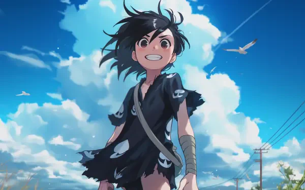 A vibrant HD desktop wallpaper featuring Dororo, the adventurous anime character, against a backdrop of blue skies and fluffy clouds, radiating a sense of hope and resilience.