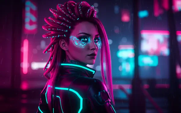 Cyberpunk girl with neon-lit cybernetic makeup and futuristic attire in a vibrant cityscape, rendered in 4K Ultra HD for PC desktop wallpaper and background.