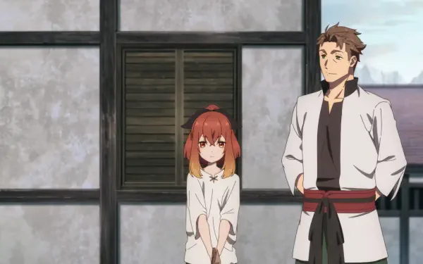 Anime scene from From Old Country Bumpkin to Master Swordsman, featuring a young girl and a confident young man against a rustic backdrop, presented as an HD desktop wallpaper.
