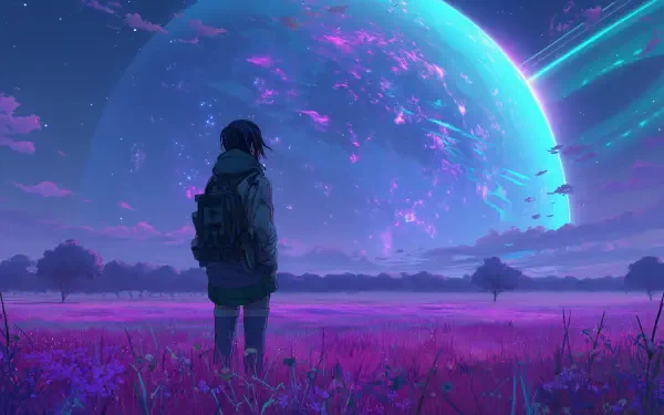 Aesthetic anime scene featuring a figure standing in a vibrant pink field, gazing at a stunning celestial backdrop with a large planet and colorful sky. 4K Ultra HD wallpaper.