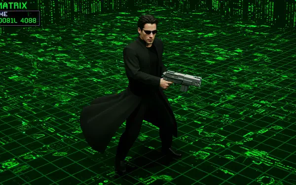 Neo from The Matrix stands ready with a gun in a digital landscape, featuring a striking green matrix code in the background. 4K Ultra HD wallpaper for PC desktops.