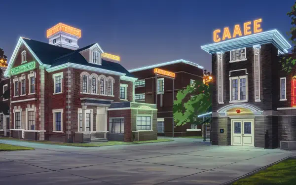 A vibrant 4K Ultra HD wallpaper featuring a college campus with historic buildings illuminated in evening light, showcasing architectural details and a welcoming atmosphere.
