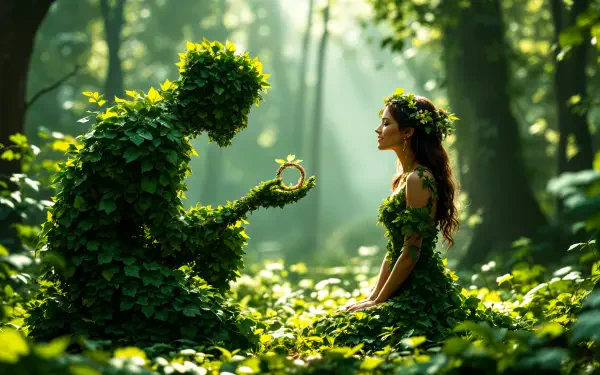 A lush green figure presents a ring to a woman in a floral dress, surrounded by a serene forest atmosphere, creating a captivating scene of a proposal. Ideal 4K Ultra HD desktop wallpaper.