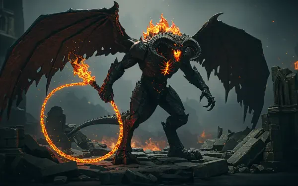 A dramatic 4K Ultra HD wallpaper featuring Balrog from Lord of the Rings, showcasing its menacing figure, fiery details, and dark, atmospheric background.